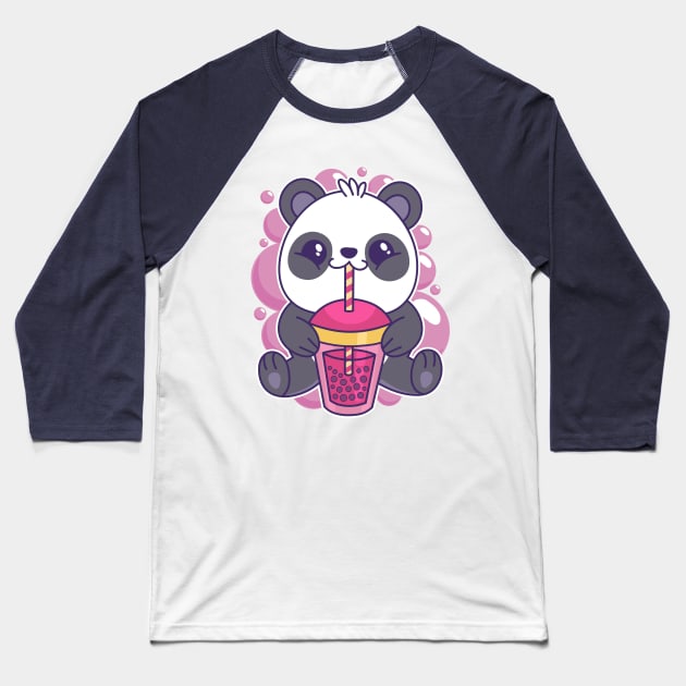 Baby Panda Drinking Bubble Tea Cute Kawaii Bear Baseball T-Shirt by Cuteness Klub